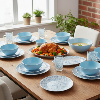 Luminarc Simply Iconix 46-piece dinner set with plates, bowls, cups, saucers, glasses, serving bowl, oval platter, and jug with lid