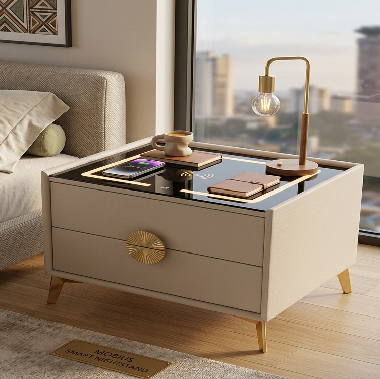 Smart bedside nightstand with tempered glass top, wireless charging pad, and built-in LED lighting with drawer storage