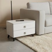 Two drawer bedside nightstand with silver handles and black tapered legs compact storage cabinet