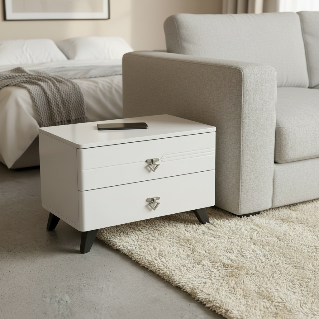 2 Drawer Bedside Nightstand with Black  Handles and Black Tapered Legs