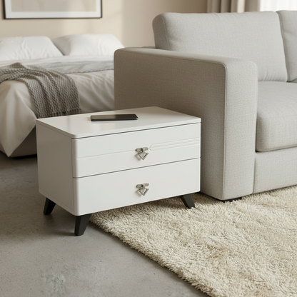 2 Drawer Bedside Nightstand with Black  Handles and Black Tapered Legs