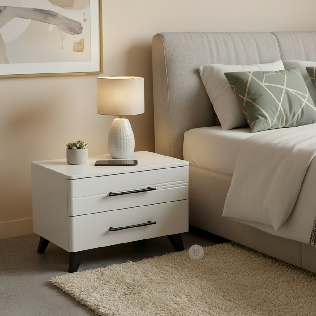 2 Drawer Bedside Nightstand with Black  Handles and Black Tapered Legs