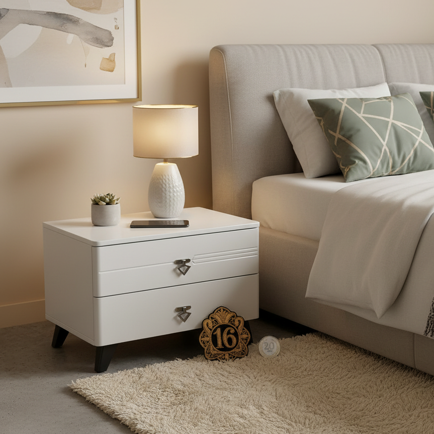 2 Drawer Bedside Nightstand with Black  Handles and Black Tapered Legs