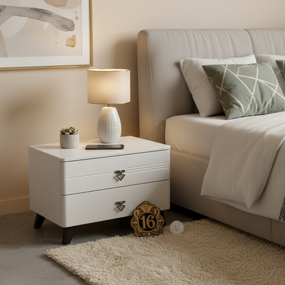 2 Drawer Bedside Nightstand with Black  Handles and Black Tapered Legs