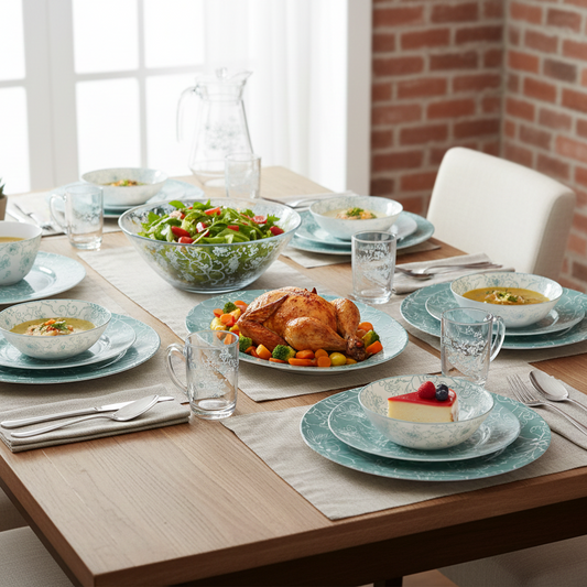 Luminarc Simply Melitina Blue 46-piece dinner set with plates, bowls, cups, saucers, glasses, serving dish, and decanter
