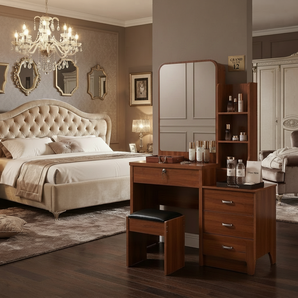 FDT1502 brown wooden vanity dressing table with mirror, drawers, shelves, and matching stool