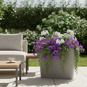 Rectangular textured planter in hard plastic with measurements 77×89×27 cm.