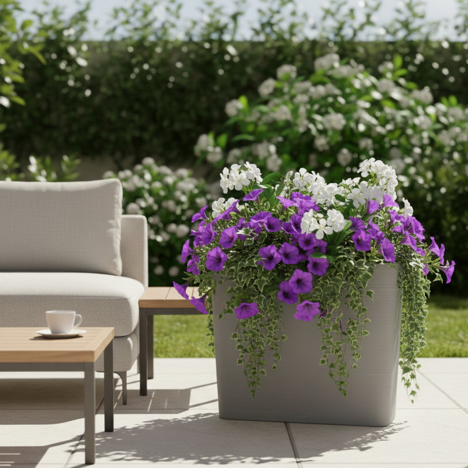Rectangular textured planter in hard plastic with measurements 77×89×27 cm.