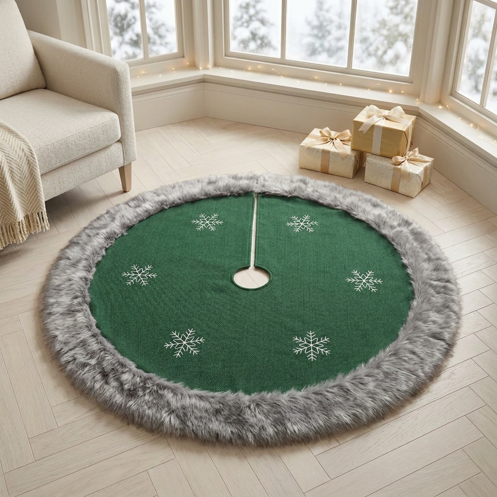 Green: 100cm green Christmas tree skirt with grey faux fur edging and white snowflake details, available in Nairobi, Kenya.