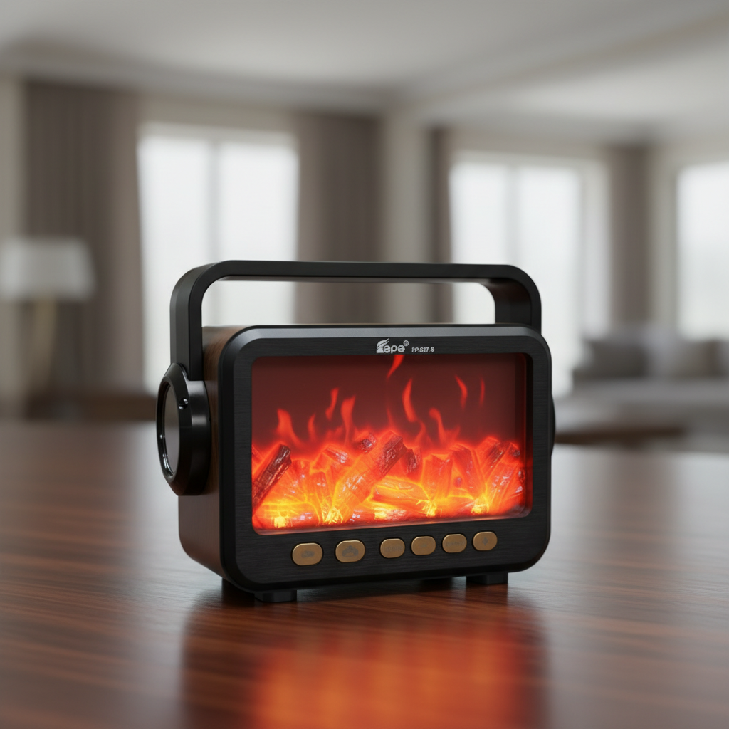 Fire Flame Wireless Bluetooth Speaker with solar and USB-C charging, flame light, and wood-like finish