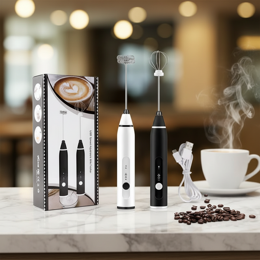 USB rechargeable milk frother with three speed settings for frothing milk and mixing beverages