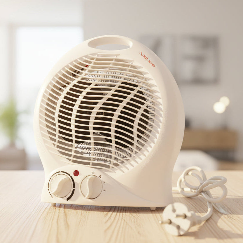 2000W fan heater with adjustable thermostat for floor, desk, or tabletop use