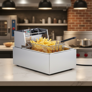 Single deep fryer with basket for frying chips, chicken, and snacks at home or in small kitchens