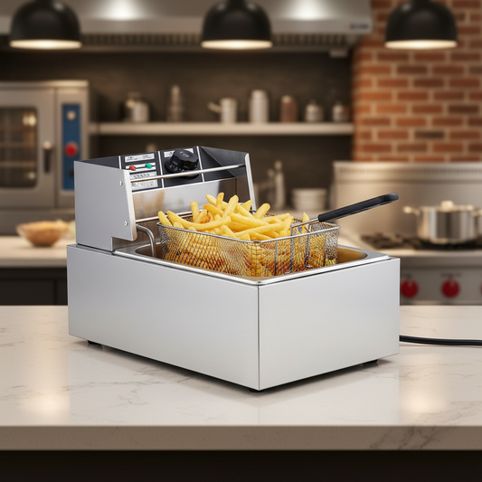 Single deep fryer with basket for frying chips, chicken, and snacks at home or in small kitchens