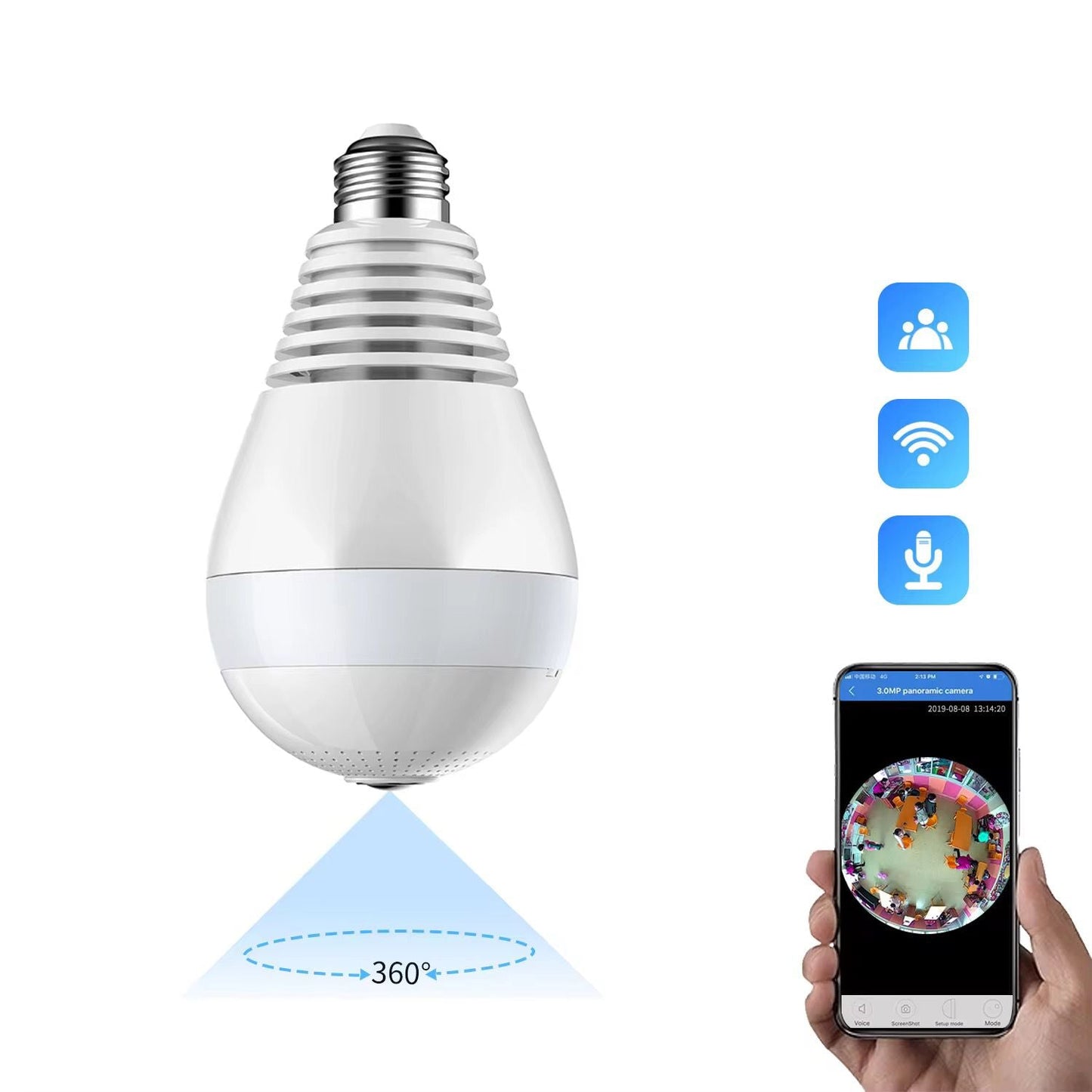 WiFi light bulb camera with 1080p HD video, 360° fisheye lens, night vision, and smartphone app control