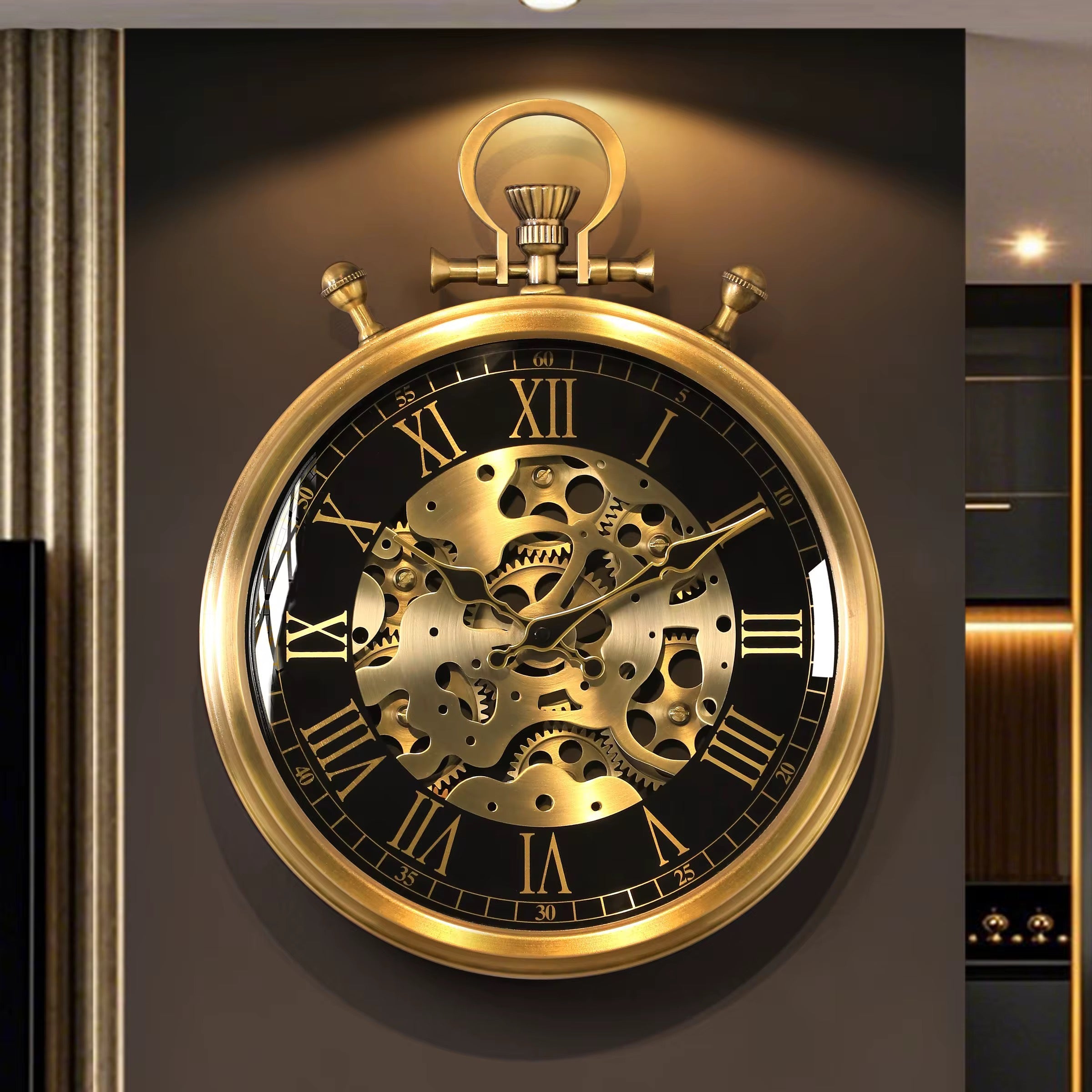 60cm Black & Gold Wall Clock with Moving Gears