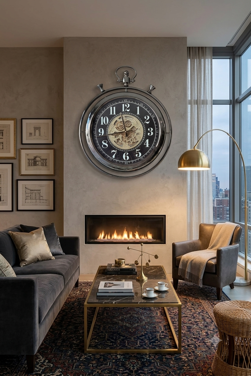 Black metal statement wall clock with large numerals, analog quartz movement, and decorative exposed moving gears for home and office décor.