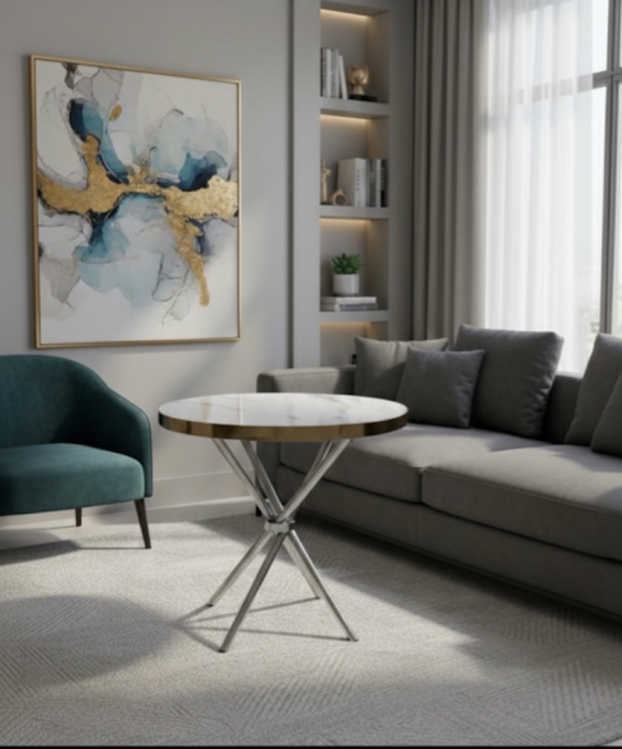 Round Wooden Dining Table with Marble Effect