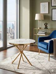 Round Wooden Dining Table with Marble Effect