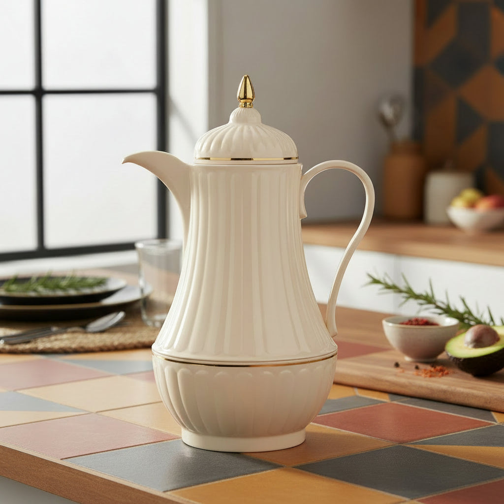 Dawood Lifestyle & Gadgets kes Regal Vacuum Flask RET-10 1 Litre Cream Fluted Thermal Beverage Server with Gold Accent