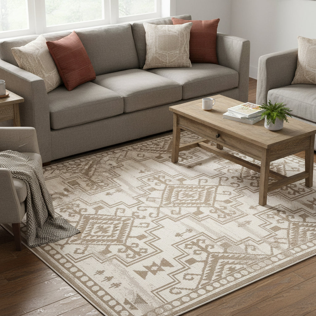 Brown embroidered geometric carpet rug 240×340cm by Oriental Weavers Vedantu for large interior spaces