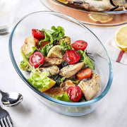 3-litre oval glass baking dish, heat-resistant, 348mm length x 65mm height, dishwasher-safe