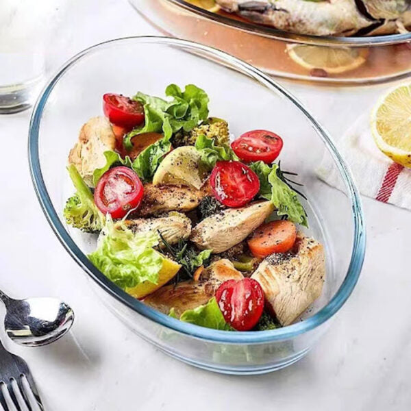 3-litre oval glass baking dish, heat-resistant, 348mm length x 65mm height, dishwasher-safe
