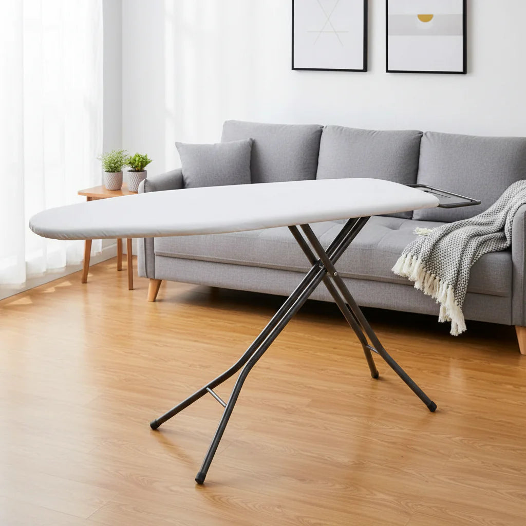 Domus Power mesh ironing board with foldable frame and adjustable height for wrinkle-free ironing at home or professional use.