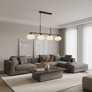 Black and white 4-light linear pendant with glass shades, iron frame, and E27 bulb holders for dining rooms, kitchen islands, restaurants, cafés, and modern interior lighting PL 1151-04-BK - Gemelli Collection