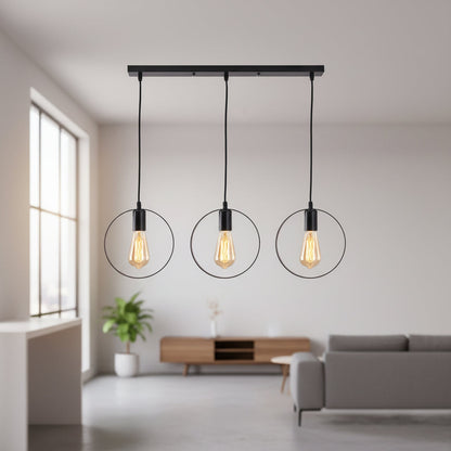 Black triple pendant with exposed bulb design, iron body, E27 holder, PL 1173-03-BK