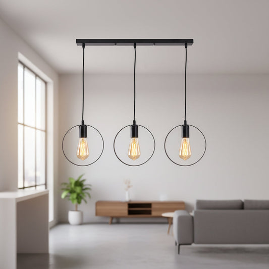Black triple pendant with exposed bulb design, iron body, E27 holder, PL 1173-03-BK