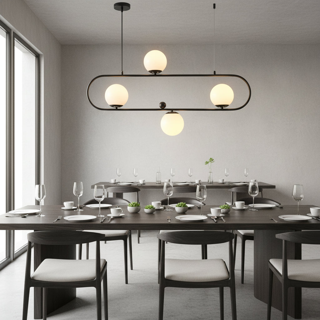 Black oval frame pendant light with four white glass shades, E27 holder, PL 1175-04-BK