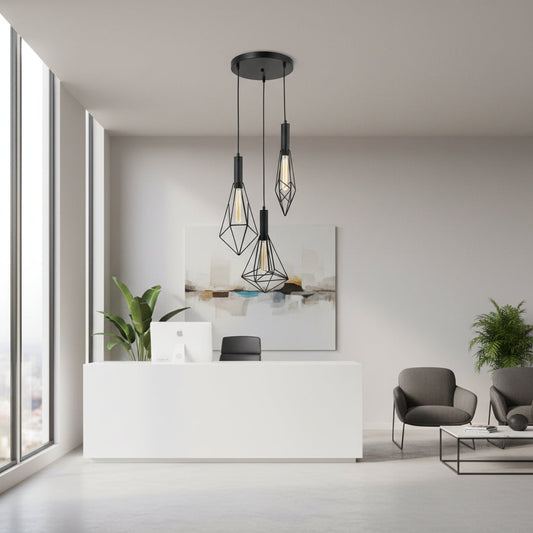 3-Light Geometric Cage Design Pendant Lamp PL 7040-27-03-BK