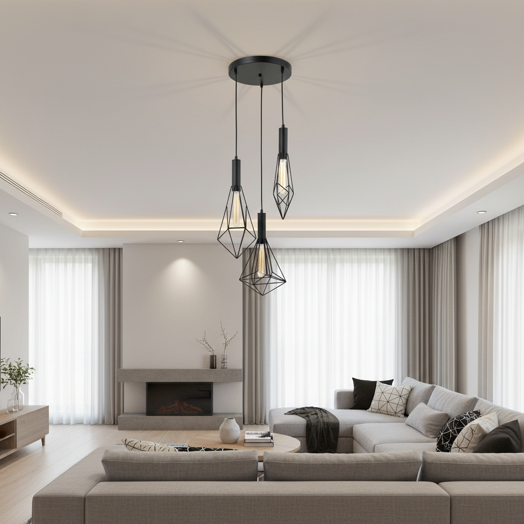3-Light Geometric Cage Design Pendant Lamp PL 7040-27-03-BK