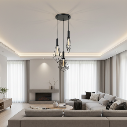 3-Light Geometric Cage Design Pendant Lamp PL 7040-27-03-BK