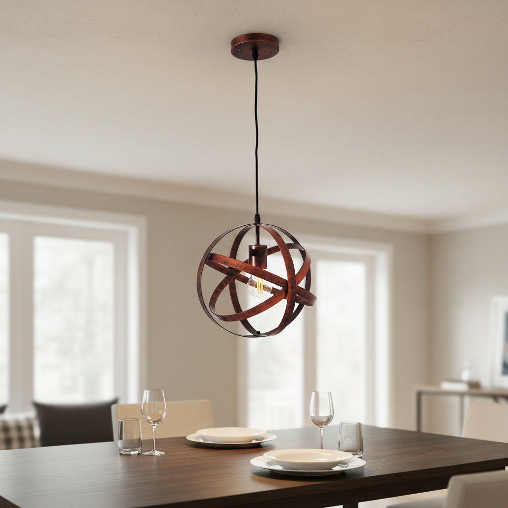 Rustic Orb Pendant Light – Cross-Band Iron Frame, PL 8117-RU