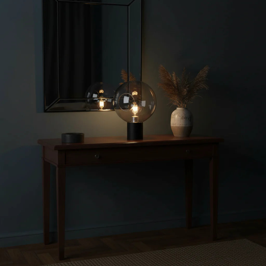 matt black table lamp with smoky glass shade E27 modern ambient lighting fixture