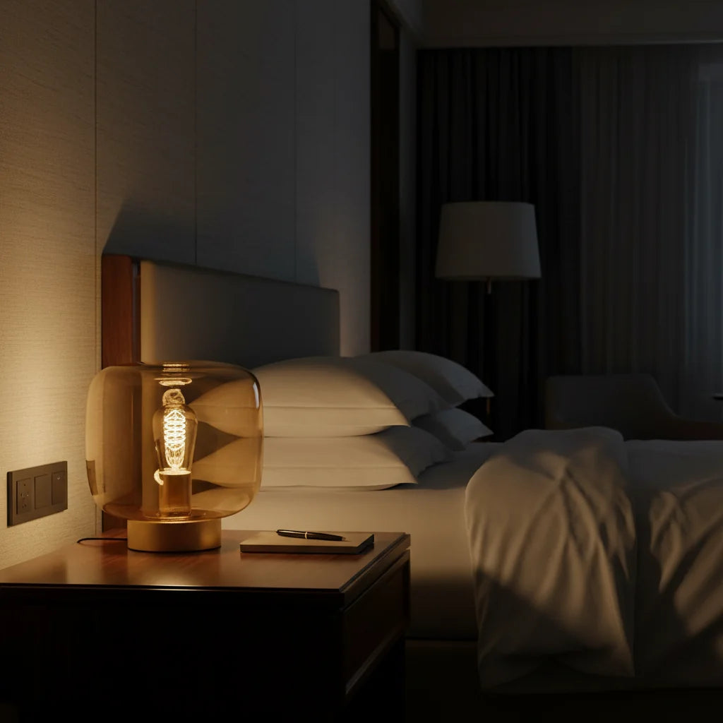 table lamp with amber glass shade and gold finish for warm ambient lighting