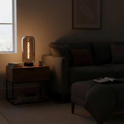 Matt Black Table Lamp with Light Smoky Glass Shade-PLAMPA2230