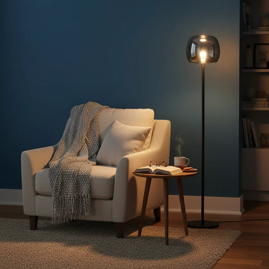 matt black floor lamp with smoky glass shade G9 modern ambient lighting fixture
