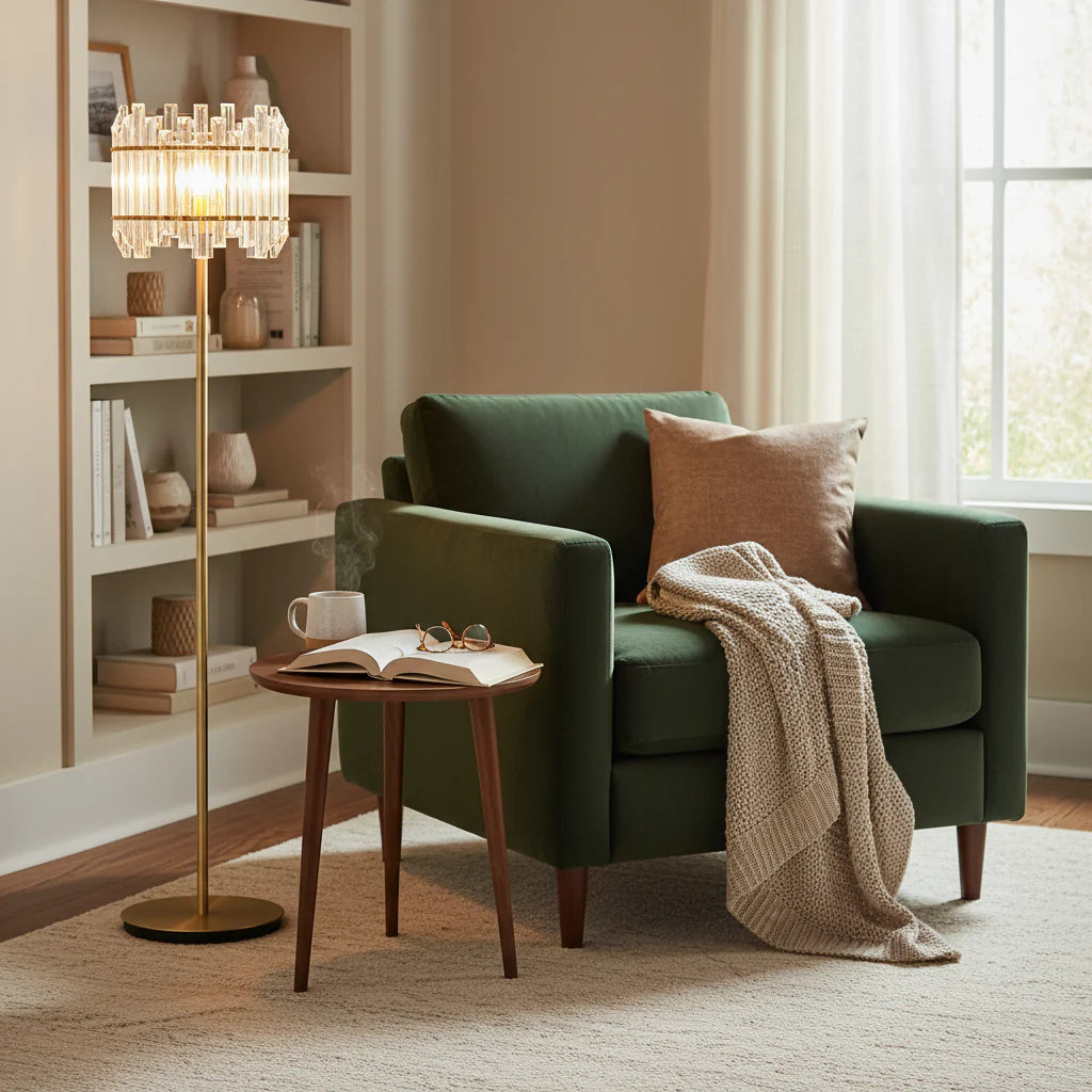 gold floor lamp with clear glass shade E14 modern tall ambient lighting fixture