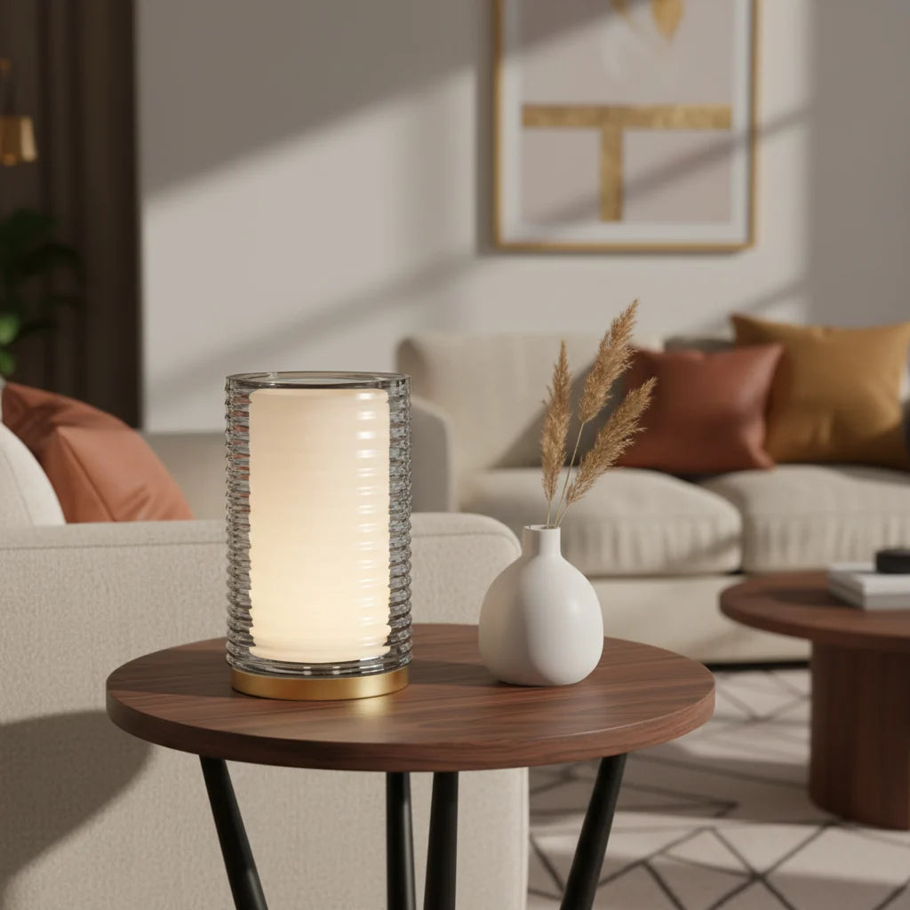 table lamp with brass frame and smoke grey white glass shade E27 modern lighting fixture