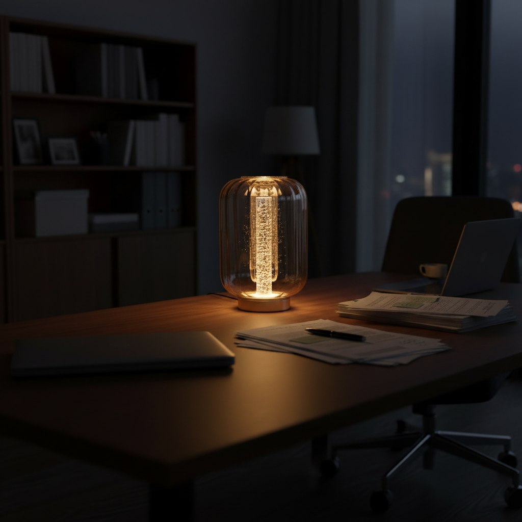 LED Table Lamp with Acrylic Tube, Brass & Amber Glass, 9W 3000K, PLAMPA2314