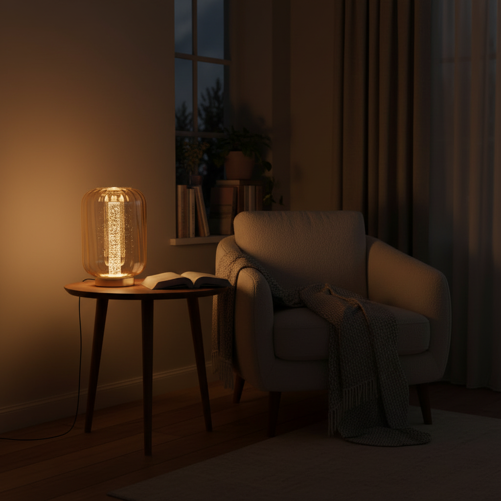 LED Table Lamp with Acrylic Tube, Brass & Amber Glass, 9W 3000K, PLAMPA2314