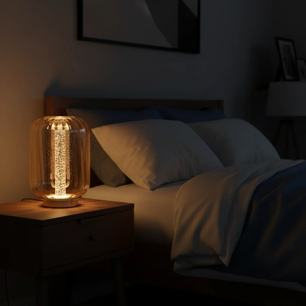 LED table lamp with brass frame amber glass and acrylic tube warm white lighting