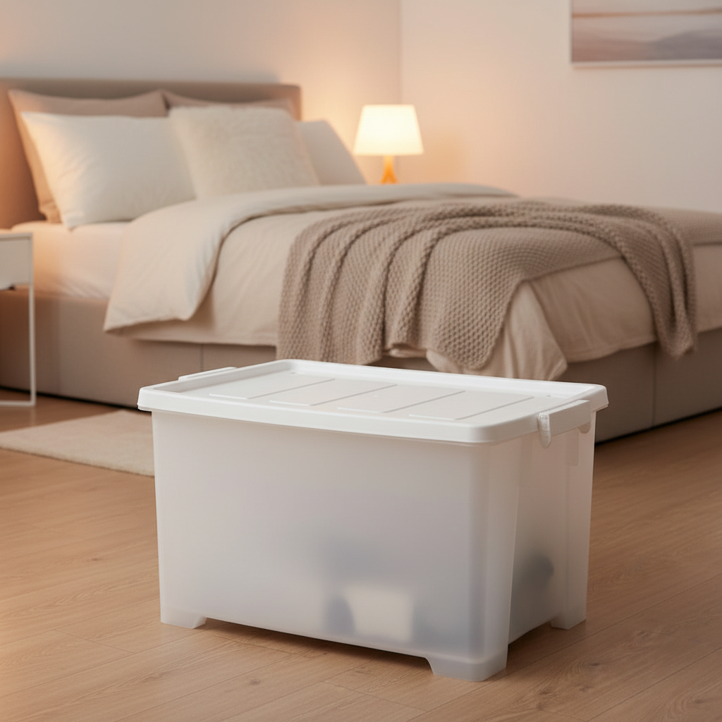 75L Wheeled Storage Container  with Semi -transparent Body & White Lid-67×48.5×36Cm