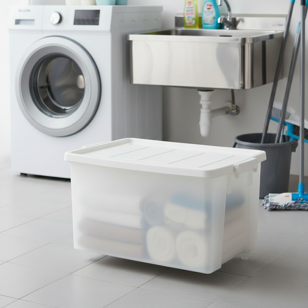 75L Wheeled Storage Container  with Semi -transparent Body & White Lid-67×48.5×36Cm