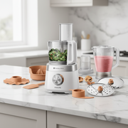 hilips HR7530 compact food processor with 2.1L bowl and multiple accessories including slicing discs and storage box