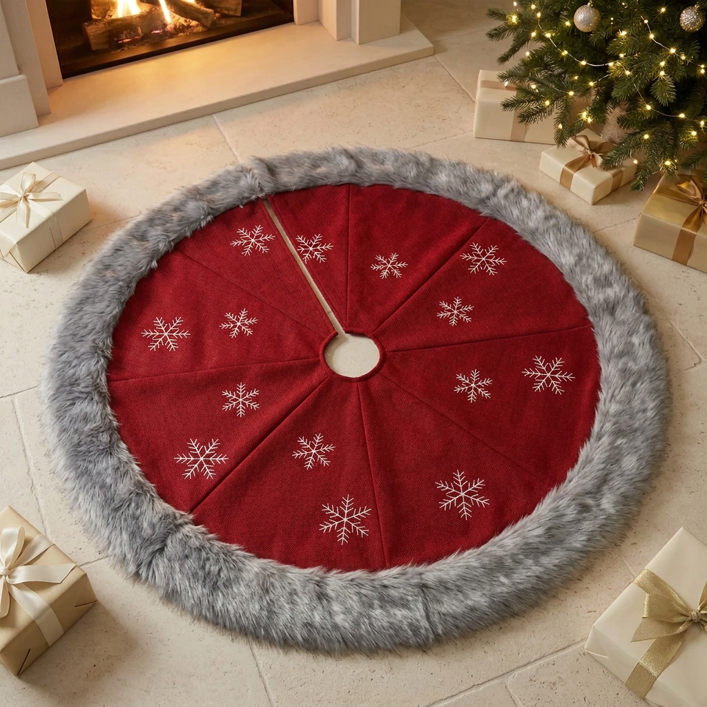 Red: 100cm red Christmas tree skirt with grey faux fur edging and white snowflake details, available in Nairobi, Kenya.