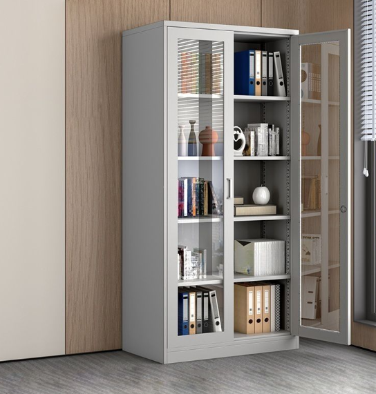 Steel bookcase cabinet with hinged glass doors and adjustable shelves - Dawood Lifestyle & Gadgets ke